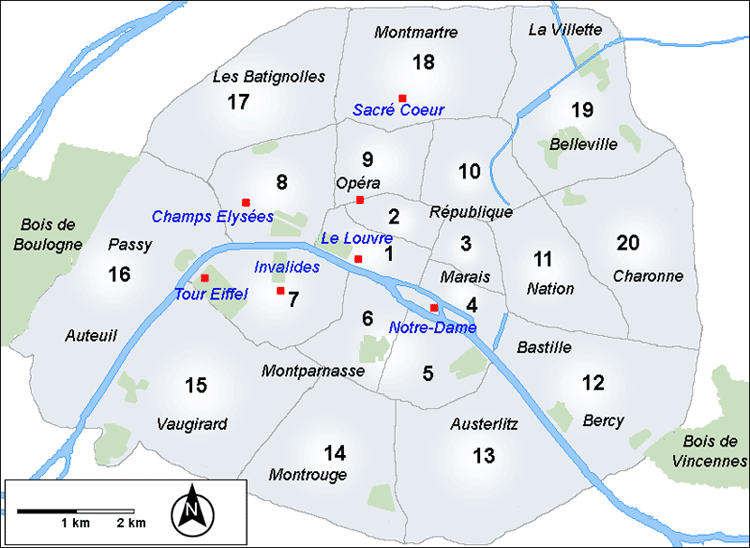 Karta över arrondesimenten i Paris